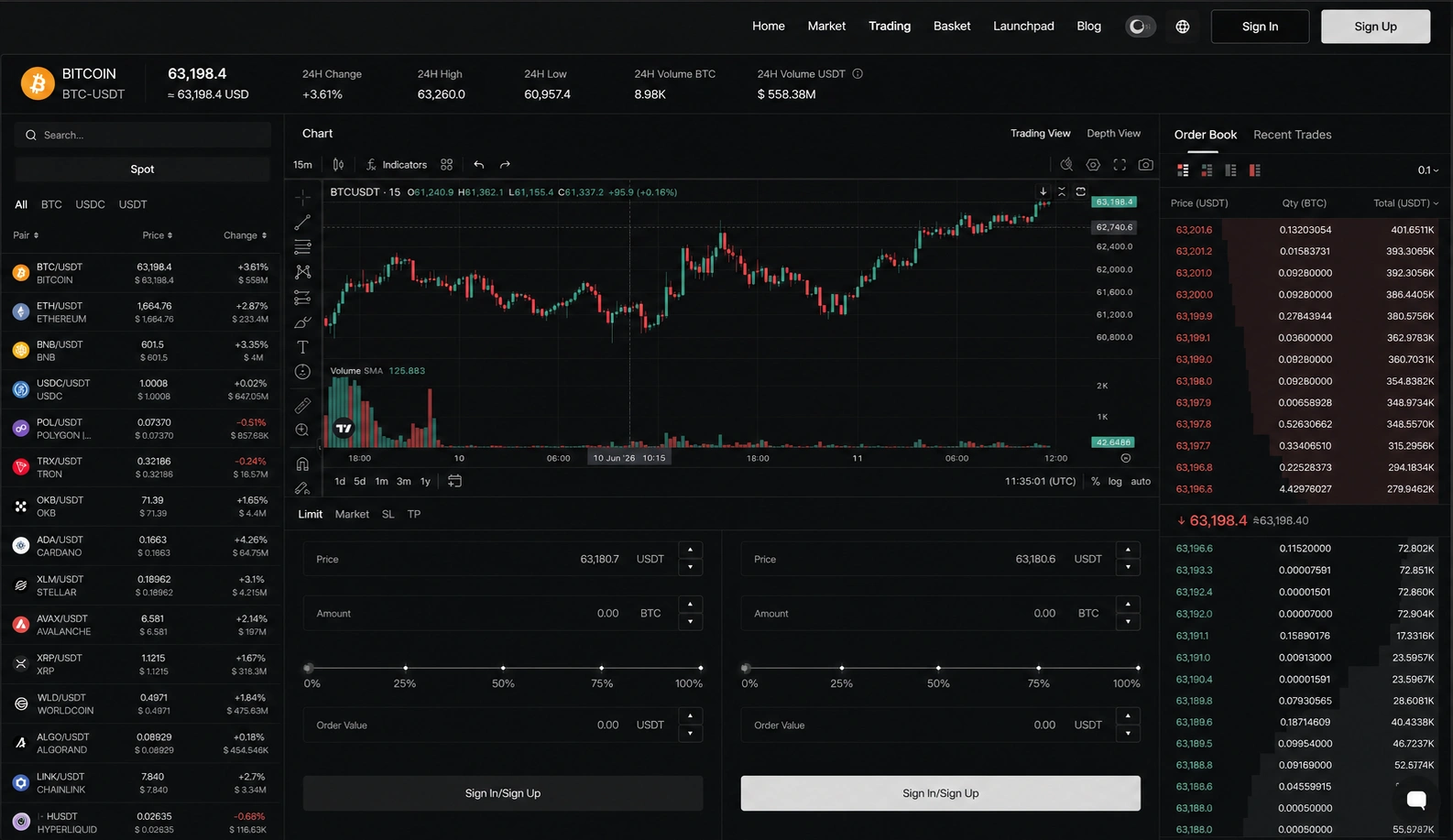 Antier CEX — Live trading platform with TradingView charts, order book, and real-time data